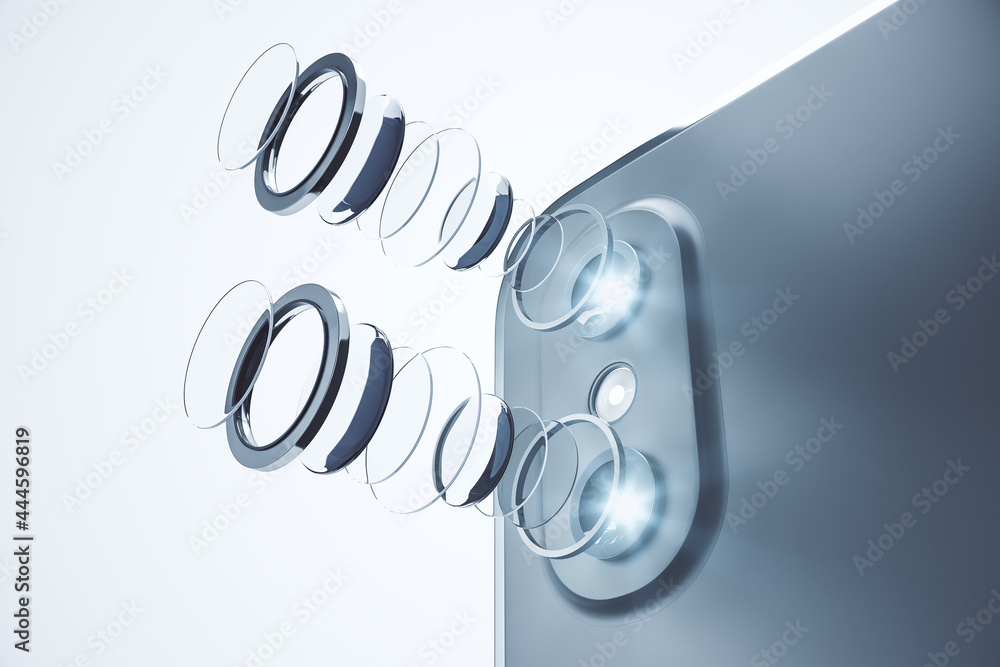 Aufkleber Decomposed smartphone camera lens on white background. Technology, mobile photography and progress concept. 3D Rendering.