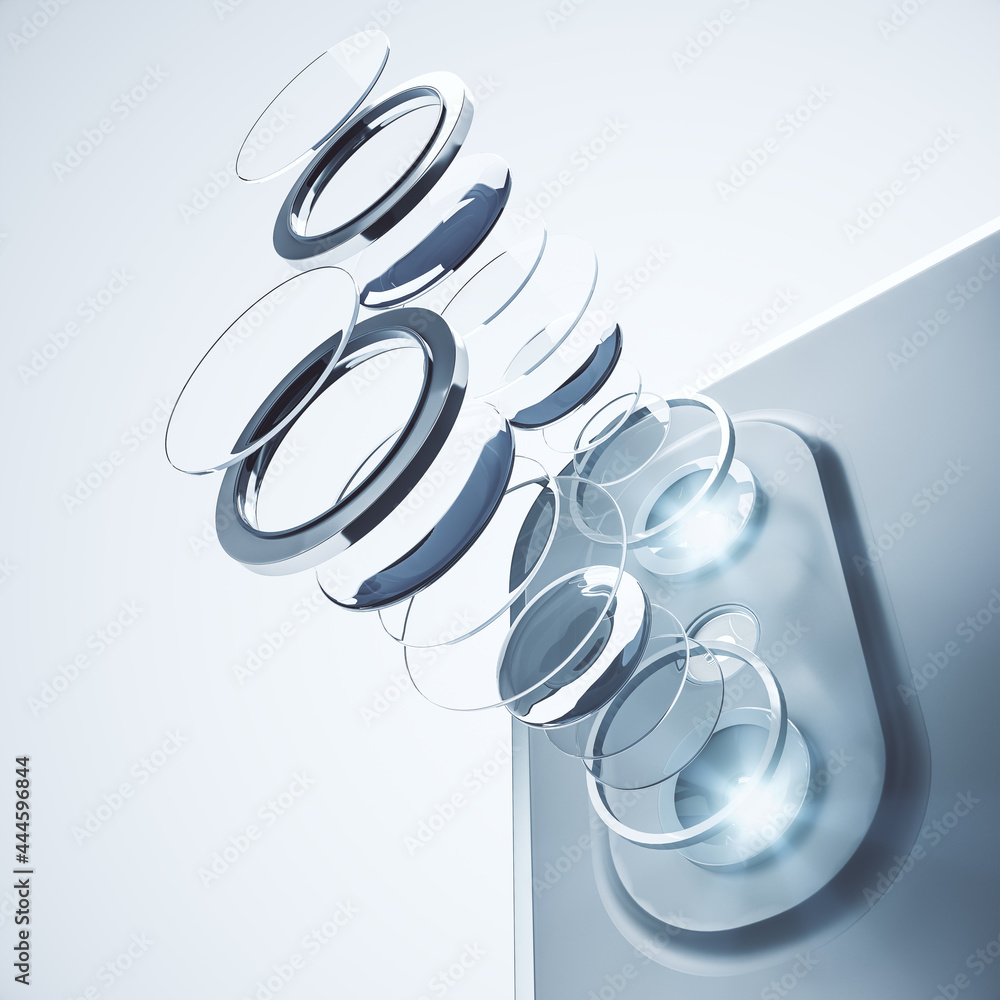 Poster Decomposed smart phone camera lens on white background. Technology, mobile photography and progress concept. 3D Rendering.