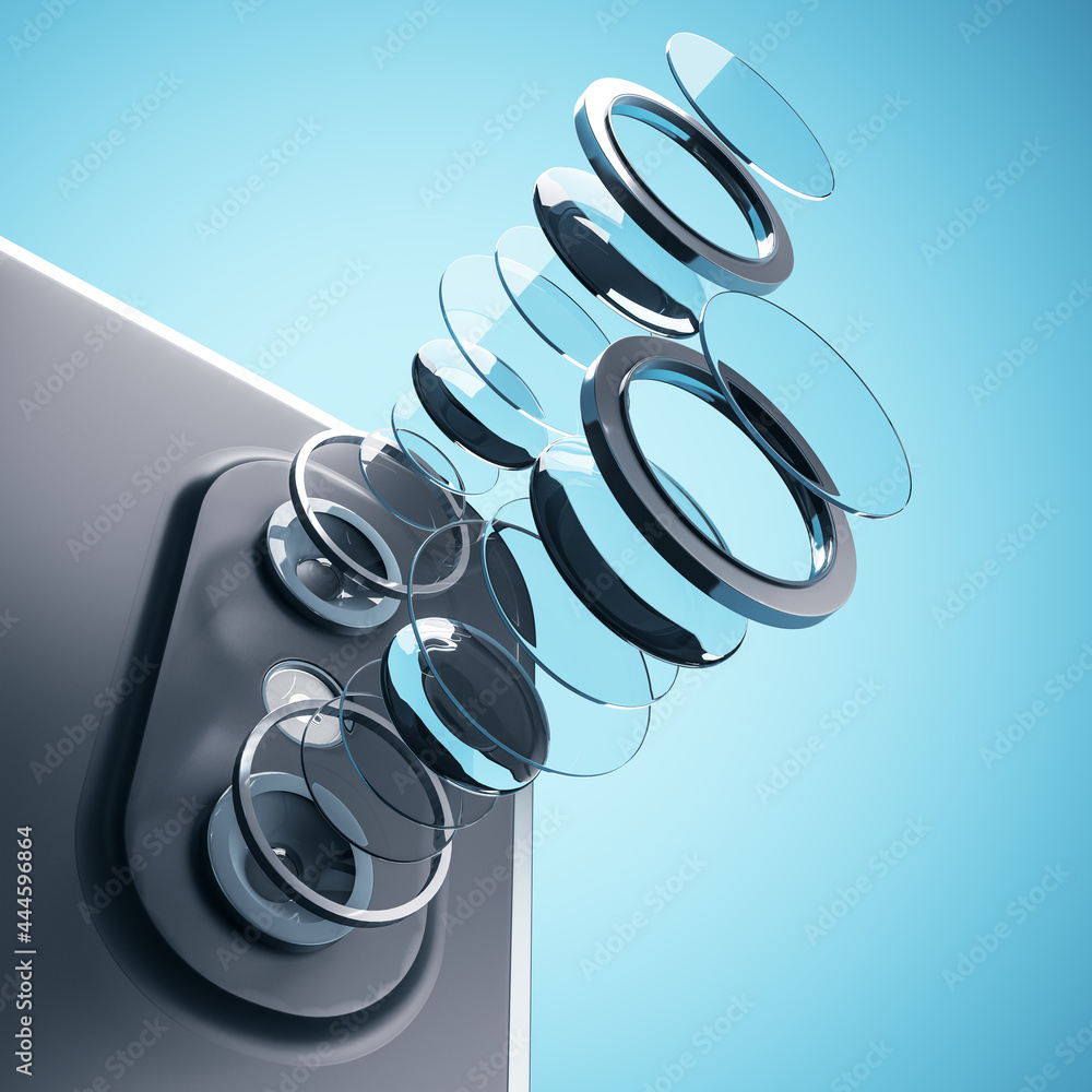 Poster decomposed cellphone camera lens on blue background. technology, mobile photography and progress con