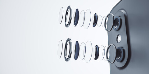 Decomposed smartphone camera lens on white background with mock up place for your advertisement....
