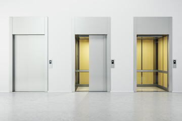 White concrete interior with three elevator doors. Opportunity and success concept. 3D Rendering.