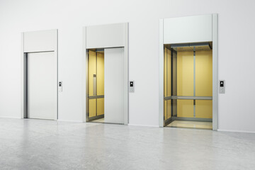 Modern white concrete interior with three elevator doors. Opportunity and success concept. 3D Rendering. © Who is Danny