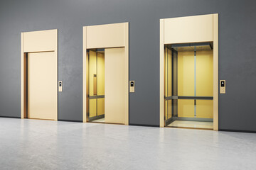 Modern grey concrete interior with three elevator doors. Opportunity and success concept. 3D Rendering.