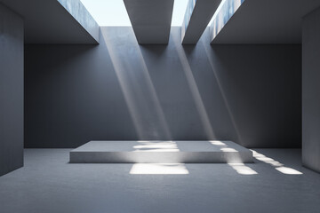 Clean concrete exhibition room interior with podium and empty mockup place. Mock up, 3D Rendering.