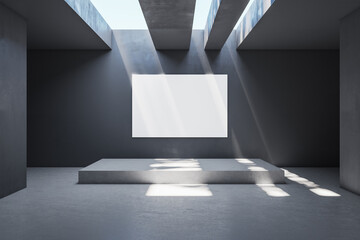 Modern concrete exhibition room interior with podium and empty white frame on wall. Mock up, 3D...