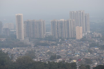 city skyline, combination of skyscrapers and slums. 