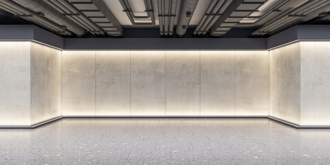 Contemporary exhibition space concrete interior with mockup place on wall. Mock up, 3D Rendering.