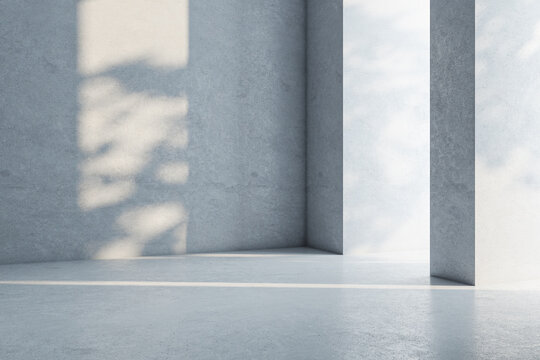 Clean concrete room interior with sunlight and mock up place on wall. Mock up, 3D Rendering.