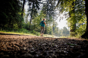 Frau beim Walken Laufen im Wald mit Rucksack Stöcken Fichtelgebirge bei Sonnenlicht und Morgennebel