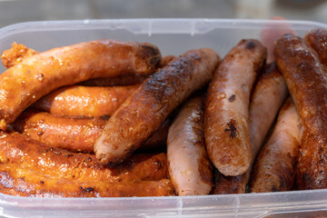 Set of fried sausages ready to eat.