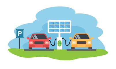 Parking charge, electric car charging, solar panel, charged station, Eco concept, vector, illustration