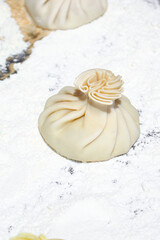Khinkali dumplings cuisine stuffed meat or vegetable healthy food meal snack copy space food background rustic 
