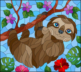 An illustration in the style of a stained glass window with a cute cartoon sloth, on a tree branch, a rectangular image © Zagory