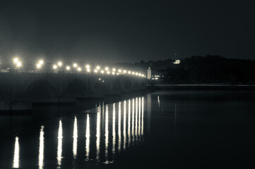 Fototapeta na wymiar Memorial Bridge and Arlington House Before Sunrise on a Cloudy Spring Morning - Black & White