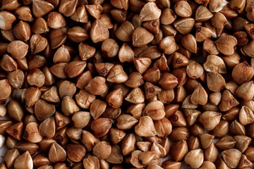 Macro photo of buckwheat groats. Many small objects close up. Healthly food