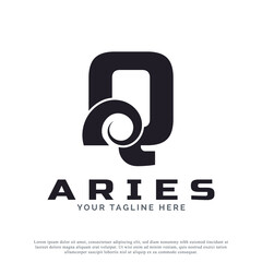 Initial Letter Q with Goat Ram Sheep Horn for Aries Logo Design Inspiration. Animal Logo Element Template