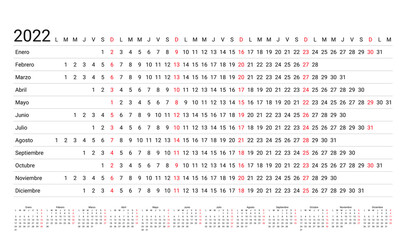 2022 linear Spanish calendar. Horizontal planner for year. Vector. Yearly calender template. Week starts Monday. Annual schedule grid with 12 months. Simple design illustration. Landscape orientation.