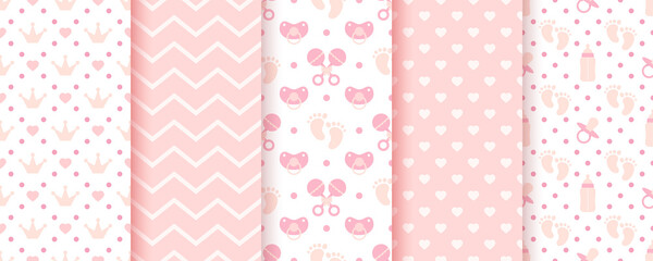 Baby pink seamless patterns. Pastel prints. Baby shower backgrounds. Vector. Set of kids textures. Cute childish backdrops with zigzag, hearts, pacifier, bottle and crowns. Modern illustration