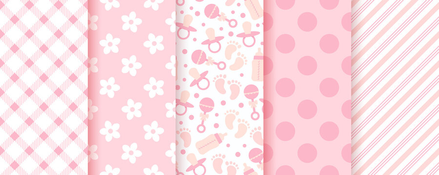 Fototapeta Baby pink seamless patterns. Pastel background. Baby girl geometric print. Vector. Set of kids textures. Cute childish backdrop with polka dot, stripe, bottle, footprint and check. Modern illustration