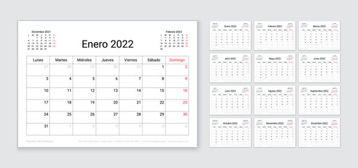 Spanish 2022 calendar. Planner template. Table calender layout with 12 month. Vector. Week starts Monday. Schedule grid. Yearly stationery organizer. Horizontal monthly diary. Simple illustration.