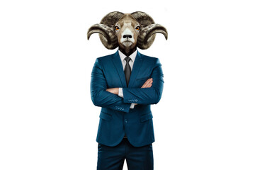 Modern design, a human body in a business suit with the head of a horned goat on a white background