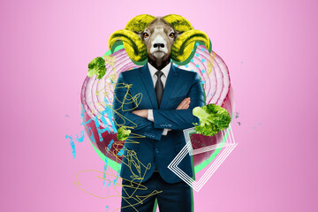 Modern design, a human body in a business suit with the head of a horned goat, boss. Bright trendy...