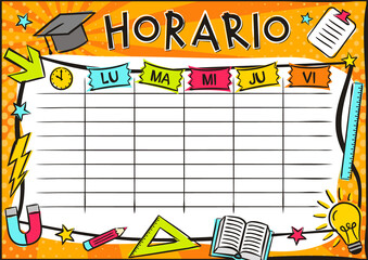 Spanish Bright template of a school schedule for 5 days of the week for students. Blank for a list of school subjects. Vector illustration in pop art styles for Spain. Translation: Timetable