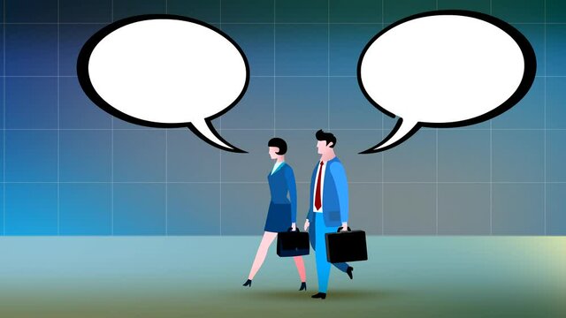 Two cartoon businessmen man and woman characters walking and speaking dialogue. Business conversation bubble speech. Business people couple animated version. Seamless loop.
