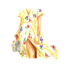 Watercolor illustration of fashion girl silhouette in feminine floral dress with bag. For wedding cards, summer design, instagram blog, travel design, hotel flyers, magazines, invitations,poster print