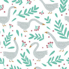 Cute cartoon geese vector seamless pattern. Hand drawn goose characters, leaves and berries isolated on white background. Modern childish farm bird illustration. Trendy textile, fabric print design