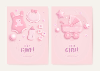 Set of baby shower invitation with cartoon baby carriage, bib, bottle, clothes, helium balloons and flowers on pink background. It's a girl. Vector illustration