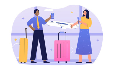 Male and female characters with luggage on a business travel together. Man and woman at the airport gate. Concept of business trip to to different city or country. Flat cartoon vector illustration