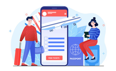 Young male and female characters are buying travelling tickets online in smartphone application. Concept of online airline application for travellers. Flat cartoon vector illustration