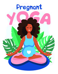 Young beautiful pregnant african american black woman sitting in lotus with green tropical monstera leaves on the background. Yoga concept vector illustration.