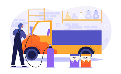Male character is working in car painting service. Male painter working with sprayer equipment. Man in mask painting auto body in color chosen by driver, car workshop. Flat cartoon vector illustration