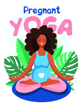 Young beautiful pregnant african american black woman sitting in lotus with green tropical monstera leaves on the background. Yoga concept vector illustration.