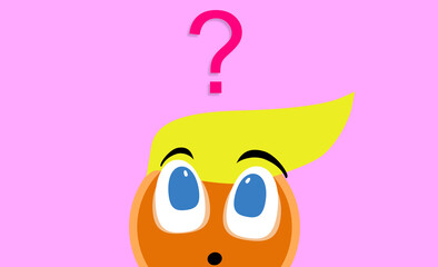 Cartoon style isolated. ORANGE DOLL with blonde hair. Colorful and nice banner of emoticon with expression. Image of question mark, query. Symbols. Poster design. Doubt. 