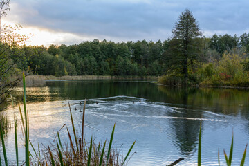 Stunning view of famous blue lake with sunrise and orange sky under dense clouds. Kazan, Russia. Ducks are swimming in the morning.