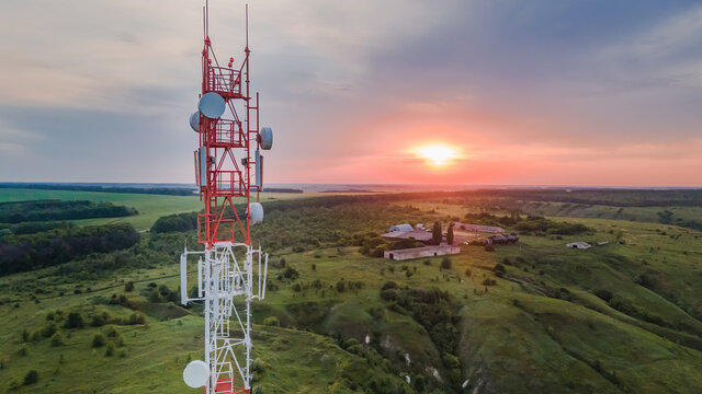 Telecommunication antenna cell tower of 4G and 5G. Base Transceiver Station telecom, Wireless Communication Antenna Transmitter.