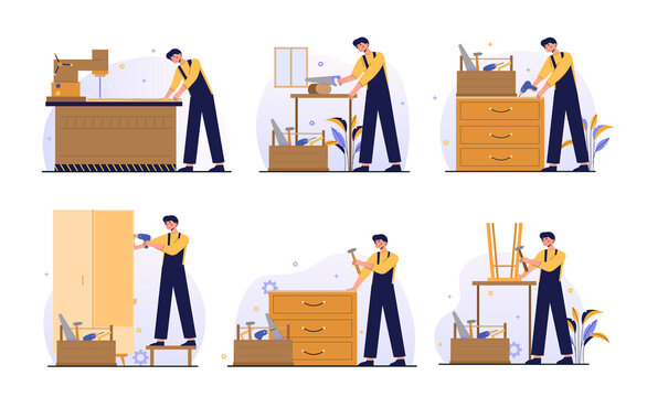 Set guide of furniture assembly with worker on white background. Male manufacture worker with professional tools. Help from furniture store professional. Flat cartoon vector illustration