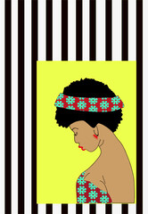 Beautiful African girl with dark skin in a dress with a floral print and a bandage on her head. The young girl, pensive and modest, bowed her head. Profile. illustration