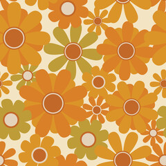 70's retro sunflower seamless vector pattern. Bold, funky floral illustration print in yellow, orange and green. Seventies style, summer, spring, flower power design. Repeat background texture art.
