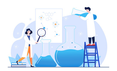 Young male and female characters are working in medical laboratory together. Man and woman working on scientific research. Concept of scientific work in laboratory. Flat cartoon vector illustration