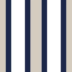 Bold coastal stripe seamless vector pattern. Hamptons style, nautical inspired design with thick vertical lines in navy blue, white and natural beige colours. Minimal repeat wallpaper texture art.  