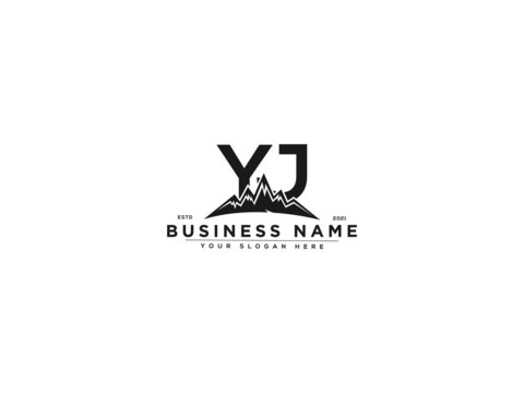 Letter YJ Logo, line art yj mountain logo icon vector for river forest hill landscape typography image design