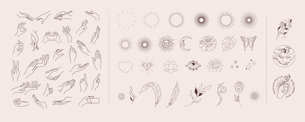 Gesturing. Set of hands in different gestures. A set of linear elements for composing compositions and creating designs. Eclecticism, symbols and hands. ​vector illustration