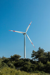 Wind turbines installed for clean energy in the green forest. energy wind roses that do not pollute the nature.