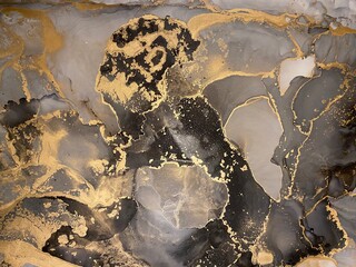 Abstract grey background with gold — beautiful smudges and stains made with alcohol ink and golden paint. Fragment of art with black and white texture resembles marble, watercolor or aquarelle.

