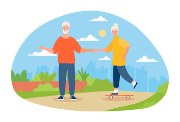 Elderly grey couple with skateboard in park. Grandma on a skateboard. Grandfather teaches grandmother to ride a skateboard. Happy seniors. Flat cartoon vector illustration