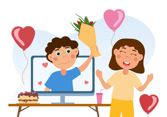 Cute little girl and funny boy are chatting on computer. Little boy in love is giving flowers to a girl. Concept of internet communication. Flat cartoon vector illustration
